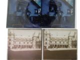 two old black and white photos of a building with a clock on it