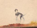 a painting of a dog that is standing in the dirt