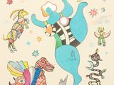 un dessin représentant un éléphant et d'autres animaux sur une feuille de papier