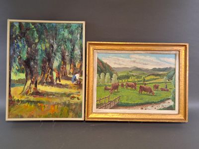 two paintings of cows in a field with trees in the background