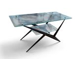 an image of a glass table with a magazine rack underneath it