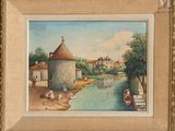 an image of a painting of a village by a river
