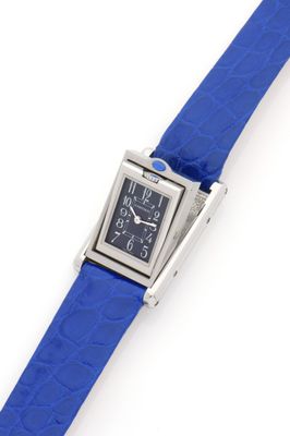 an image of a wrist watch with a blue leather strap