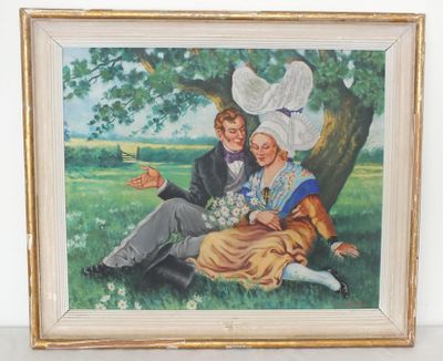 tableau représentant un homme et une femme assis sous un arbre dans un champ
