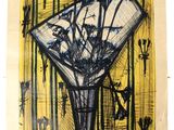 drawing of a vase of flowers on a table in front of a yellow wall