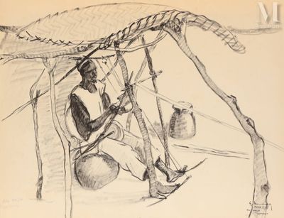 dessin représentant un homme assis dans une tente, avec un parasol au-dessus de la tête