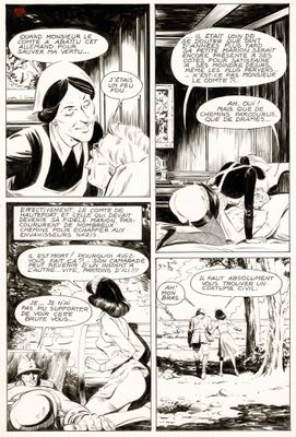 une page en noir et blanc tirée d'une bande dessinée, sur laquelle figure le dessin d'une femme en train de parler à un homme