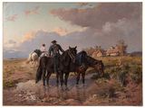 un tableau représentant deux hommes à cheval dans l'eau