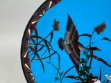 a blue plate with a painting of a bird on it