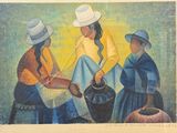 un tableau représentant trois femmes coiffées de chapeaux et tenant un panier