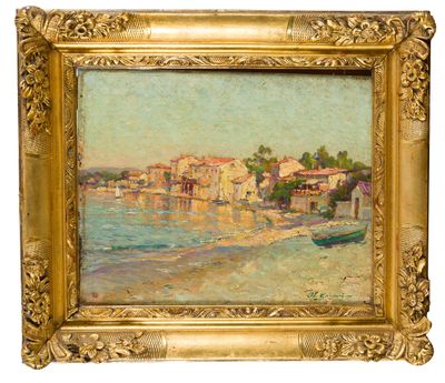 une peinture à l'huile représentant une scène de plage avec un bateau dans l'eau