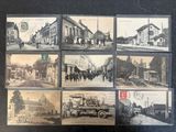 several old black and white photos of horses and carriages in a town