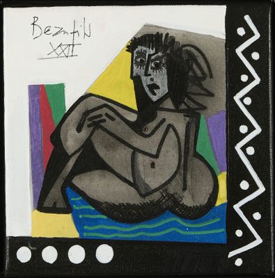 tableau représentant une femme assise sur un lit, avec un arrière-plan coloré