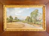 une peinture à l'huile représentant un paysage avec une rivière et des arbres