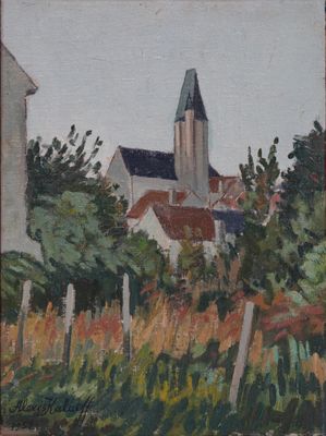 une peinture à l'huile représentant une église dans un champ, avec une clôture