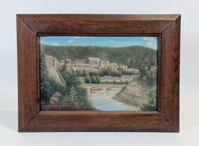 peinture à l'huile encadrée représentant une vue d'une ville et d'une rivière