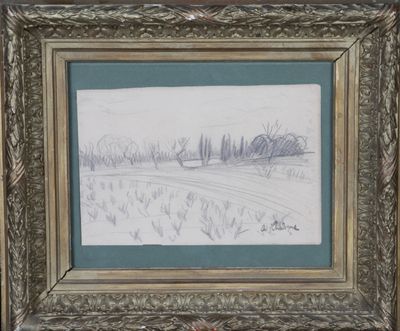dessin représentant un paysage, dans un cadre doré orné d'une bordure bleue