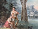 a painting of a woman and a dog by the water