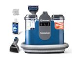 an image of a blue and silver vacuum cleaner and other cleaning supplies