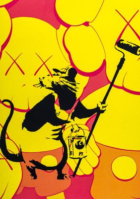 painting of a cat with a mop and a camera on a yellow and pink background