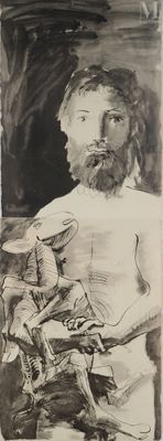 une image représentant le dessin d'un homme barbu tenant un chat