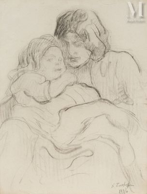a drawing of a woman holding a child in her lap