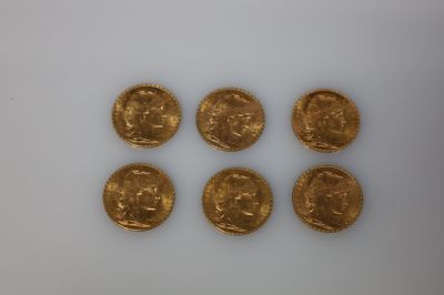 six pièces d'or sont disposées en ligne sur une surface blanche