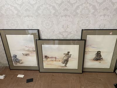 three framed pictures of a man riding a horse