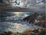 une peinture à l'huile représentant un rivage rocheux où les vagues viennent se briser contre les rochers