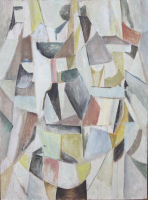a painting of a vase on a table in a room