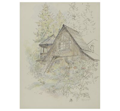 dessin représentant une maison dans les bois, survolée par un oiseau
