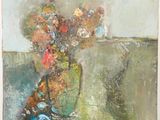 painting of a vase of flowers on a table in front of a window