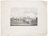 a drawing of a view of a city with a castle in the background