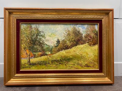 a painting of a field with trees and a house in the distance