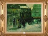an image of a painting of a horse drawn carriage on a snowy street