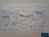 dessin représentant un paysage avec des maisons et des montagnes en arrière-plan