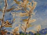 painting of trees in a field with a blue sky in the background