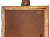an old picture frame with a wooden easel on a white background