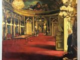an oil painting of a room with a chandelier and chandelier