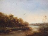 painting of a river with trees and a boat in the water
