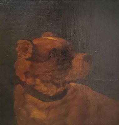 Chien à l'affut. Huile sur toile signée "Mel.