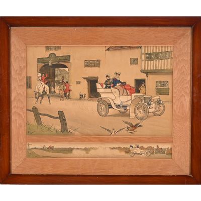 tableau représentant une calèche avec un homme à l'intérieur, devant un bâtiment