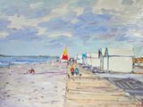 un tableau représentant une scène de plage avec des personnes marchant sur le sable