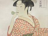 une image représentant une femme vêtue d'une robe rouge et blanche, tenant une pomme verte