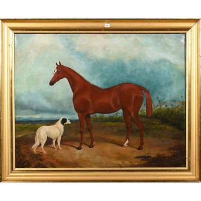 une peinture à l'huile représentant un cheval et un chien dans un champ