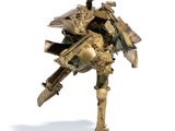 a bronze statue of a robot with a gun on it ' s leg