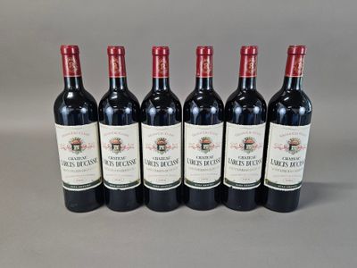 six bottles of red wine are lined up in a row