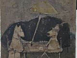 a picture of a painting of two people sitting at a table under an umbrella