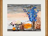 un tableau représentant un vase orné de fleurs bleues et d'oranges