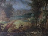a painting on the wall of a building with a boat in the water